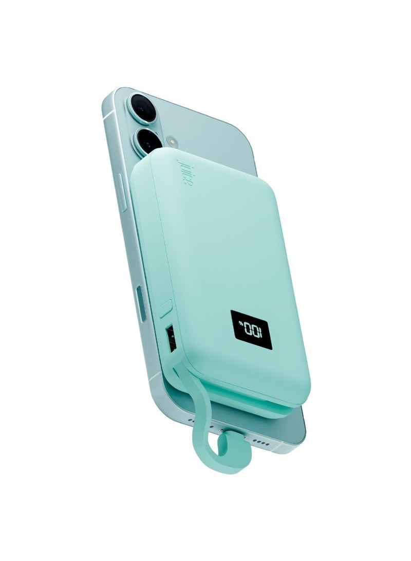 جوس بنك طاقة متكامل Juice Eco، شاحن محمول 10,000 مللي أمبير في الساعة مع كابل مدمج وشاشة رقمية، مخرج USB-C، بنك طاقة لأجهزة iPhone 15 16 Pro Max، Samsung، Xiaomi، Android، iPad، DJI، GoPro - أزرق مخضر - Image 2